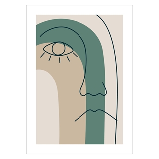 Plakat med abstract face line 9. Plakaten forestiller et optegnet ansigt i sort med baggrund i beige, brun og støvet grøn