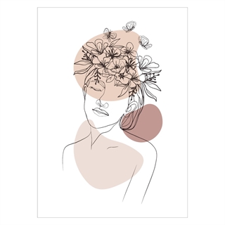 Plakat - Abstract floral girl 1. Plakat med flot pige med blomsterkrans på hvid baggrund. Med elementer i brun og beige