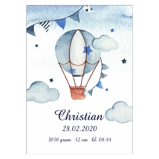 Plakat Fødselstavle med luftballon plakat - Virkelig sæd plakat med luftballon, stjerner, vimpel og skyer i blå nuancer. 