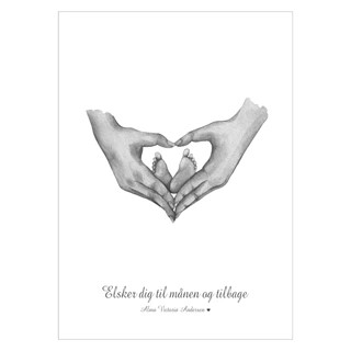 Mor & baby- køb en flot plakat online i dag. Bedårende familie plakat med illustration af mor hænder og babyfødder.