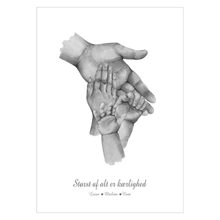 Far til tre - køb en flot plakat online i dag. Bedårende familie plakat med illustration af fire hænder, og plads til tekst.