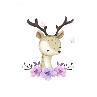 Plakat til børneværelset med et hjort og blomster i  lilla nuancer