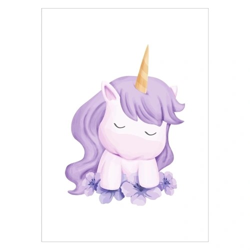 Plakat til børneværelset med unicorn med lilla blomsterkrans og lilla enhjørning