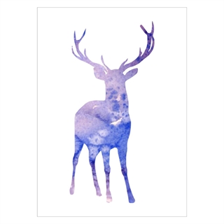 Unik plakat med en hjort tegnet som watercolor i lilla nuancer