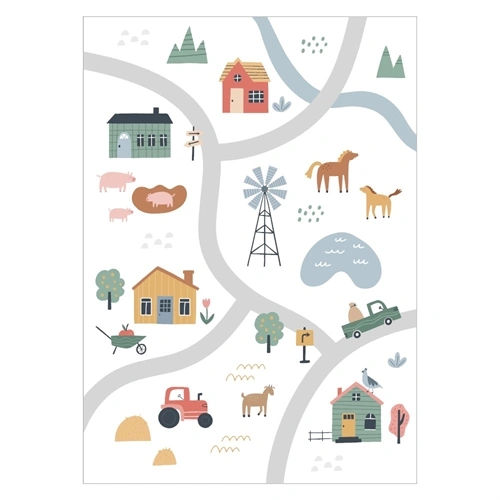 Plakat til børneværelset med et landsbykort, huse, veje og dyr