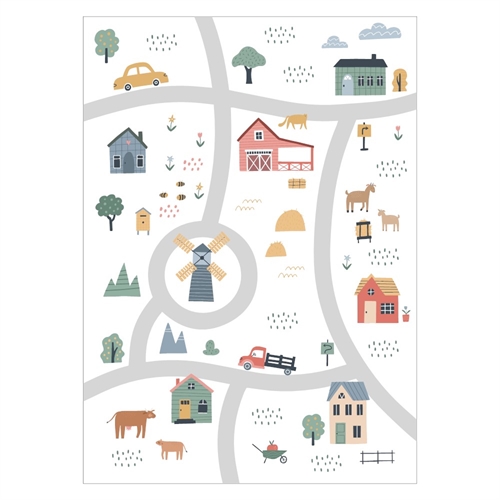 Plakat til børneværelset med et landsbykort, huse og sjove veje