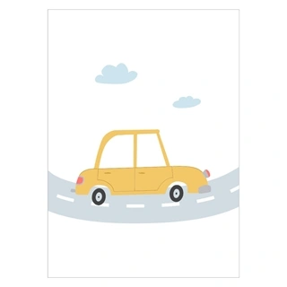 Plakat med en gul bil på vejbane med 2 skyer overnover