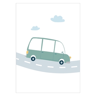 Plakat med en mint farvet bil på vejbane med 2 skyer ovenover