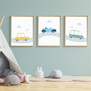 Plakatsæt med biler på landevejen, perfekt til børneværelset
