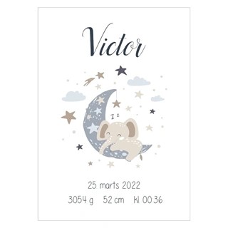 Fødselstavle elefant på måne i mørkeblå plakat