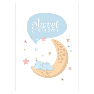Plakat med flodhest på måne med Sweet dreams Lyseblå
