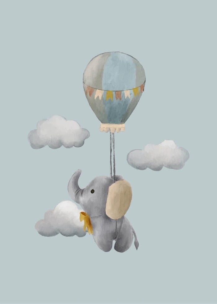 Plakat med sød elefant flyvende i luftballon på blå baggrund 