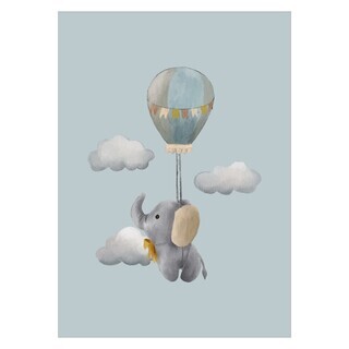 Plakat med sød elefant flyvende i luftballon på blå baggrund 