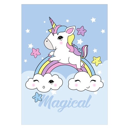 Børneplakat med en magisk unicorn rengbue og stjerner