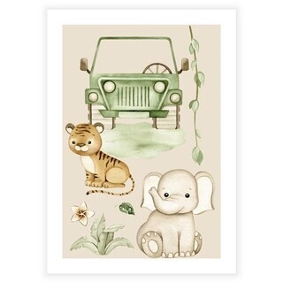 Børneplakat med safaribil, elefant og tiger