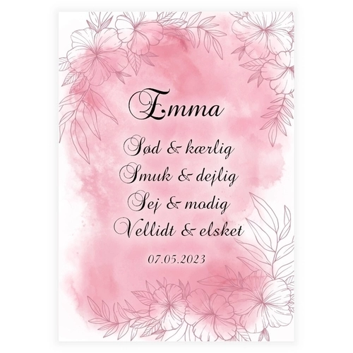 Plakat med tekst og blomster i lyserøde nuancer