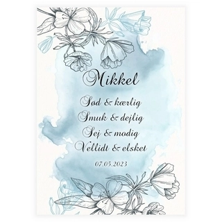 Plakat med tekst og blomster i lyseblå nuancer