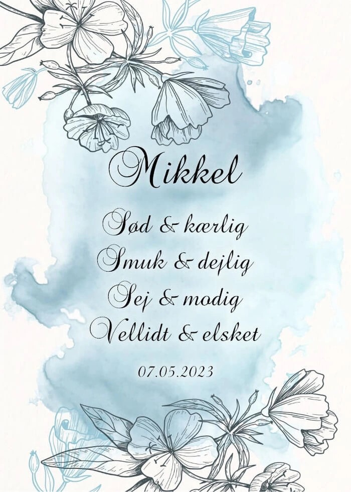 Plakat med tekst og blomster i lyseblå nuancer