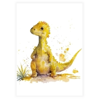 Børneplakat i akvarel med gul dinosaur