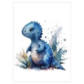 Akvarel plakat med blå dinosaur 