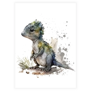 Akvarel plakat med grå dinosaur 