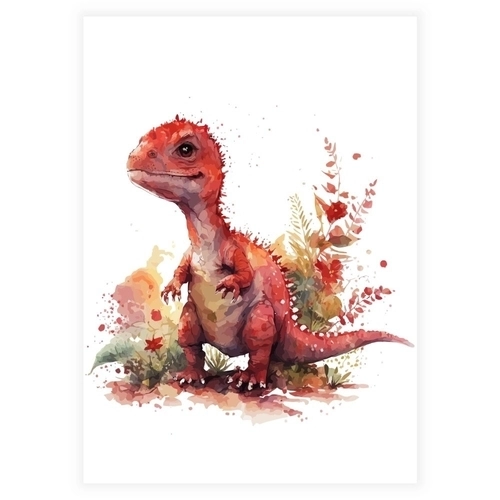 Børneplakat i akvarel med rød dinosaur
