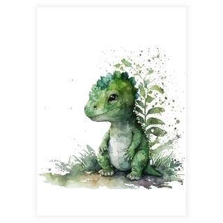Akvarel plakat med grøn dinosaur