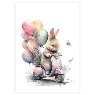 Plakat med kanin på scooter med balloner