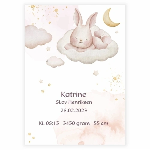 Fødselstavle kanin med skyer og stjerner i rosa og guld nuancer