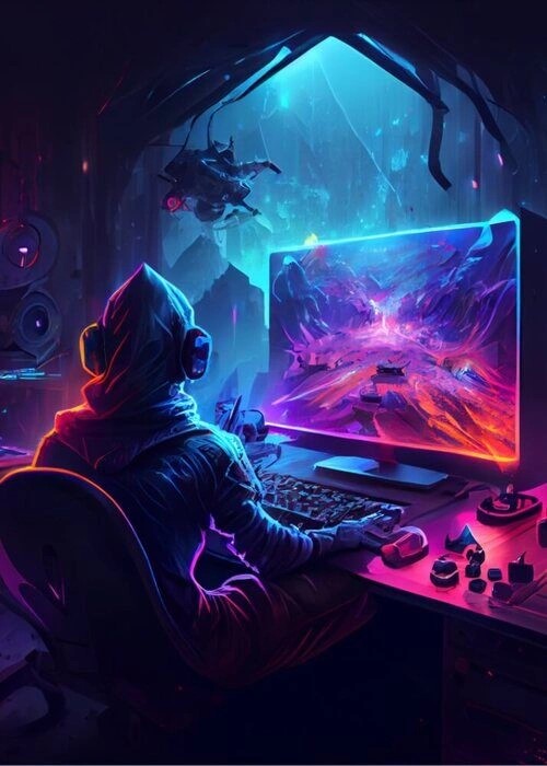 Cyberpunk plakat - Gamer spiller på pc