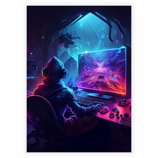 Cyberpunk plakat - Gamer spiller på pc