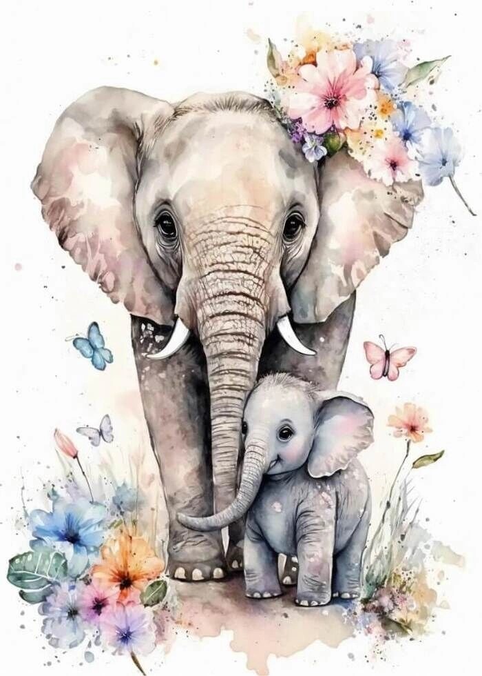 Akvarel plakat med en elefant mor og unge med blomster