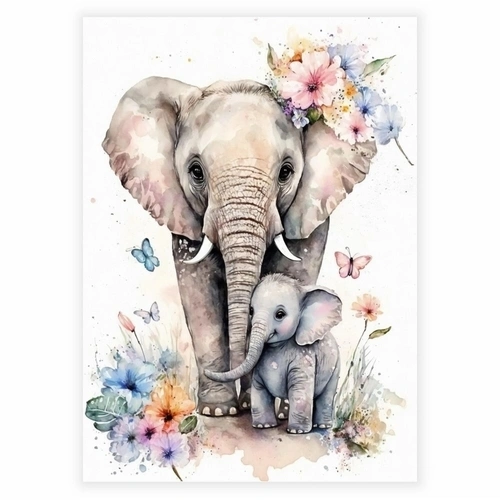 Akvarel plakat med en elefant mor og unge med blomster