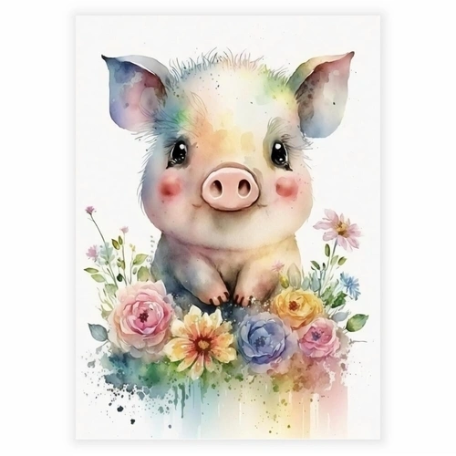 Akvarel Blomster plakat med et lille gris