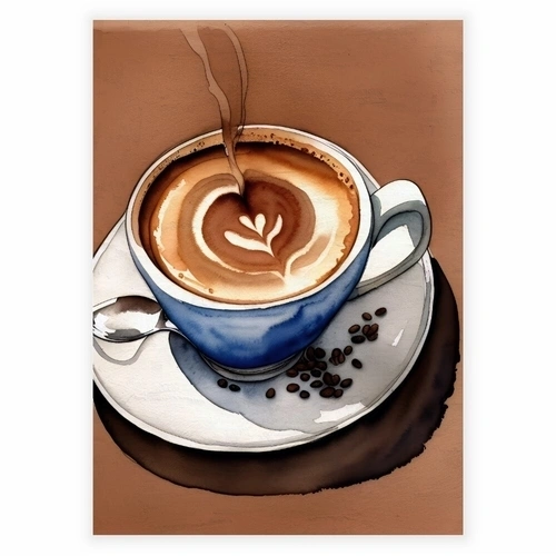 Plakat i akvarel med en kop kaffe i flotte brune nuancer