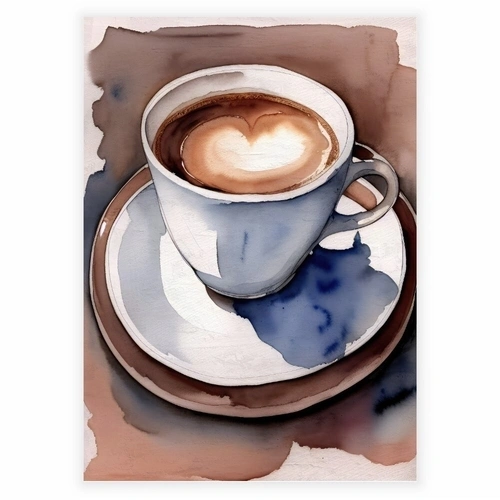 Plakat i akvarel med kaffe kop i flotte brune nuancer med hjerte mønster