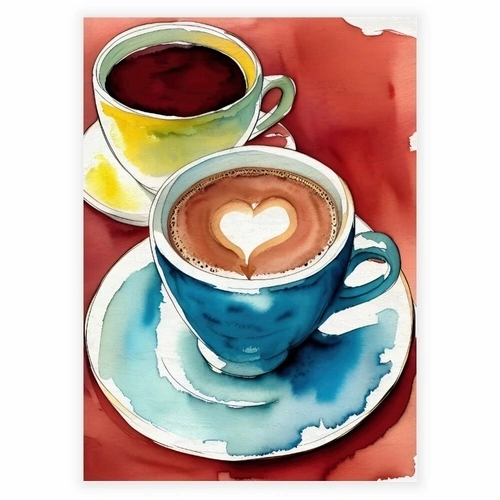 Plakat i akvarel med kaffe kopper og flotte runbruge nuancer