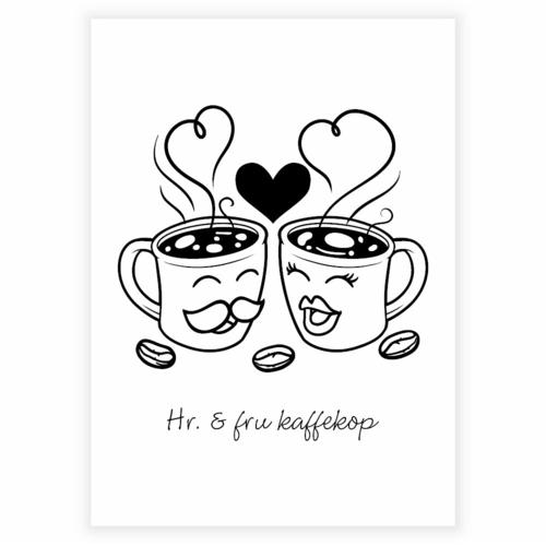 Hr. og fru kaffekop som plakat perfekt til køkkenet eller kaffehjørnet