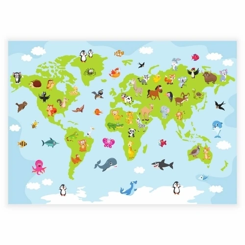 Verdenskort i grøn med sjove og søde dyr - plakat til børn