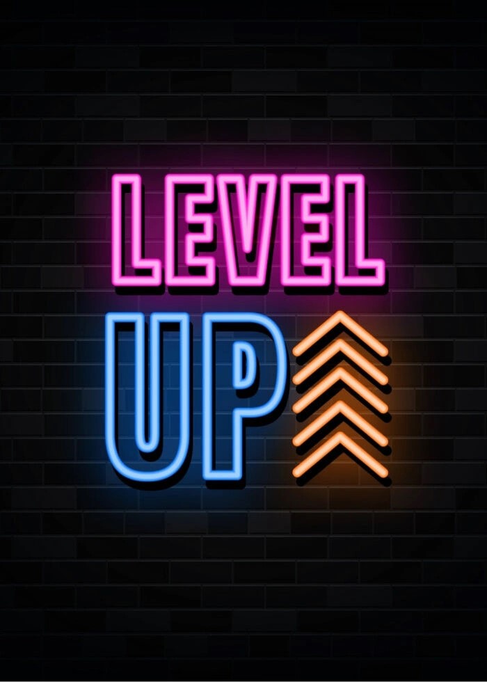 Super sej neon  plakat med teksten level up gaming