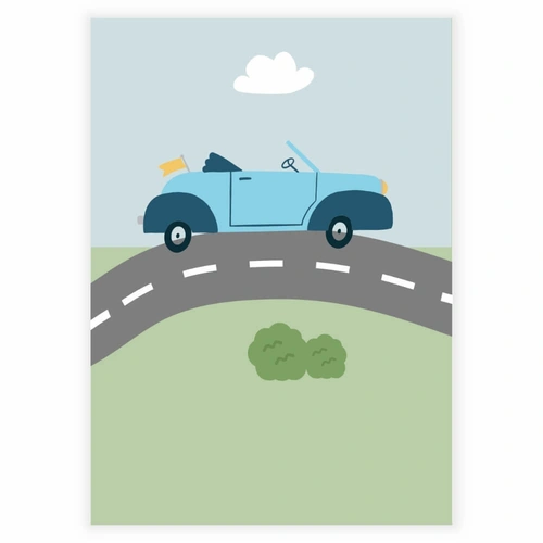 Blå bil på vejen Plakat med grøn græs og blå himmel
