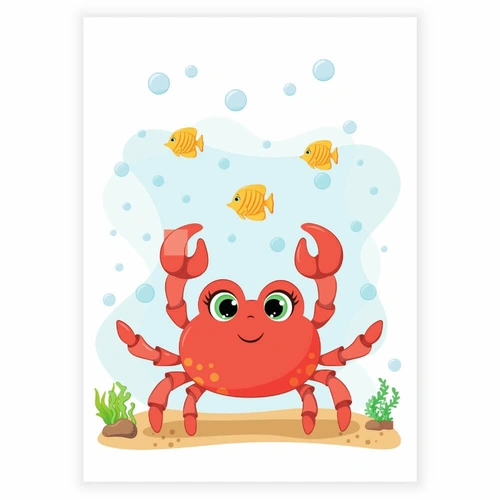 sød krabbe på sandbund med bobler som børneplakat