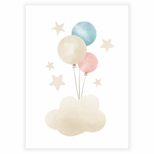utrolig smuk børneplakat med balloner på en sky og stjerner