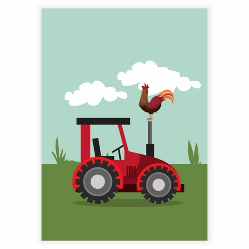 Rød traktor med hane på bondegård - Børneplakat