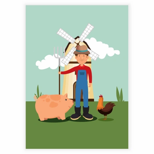 bondemand med en gris og en høne på bondegård - Børneplakat