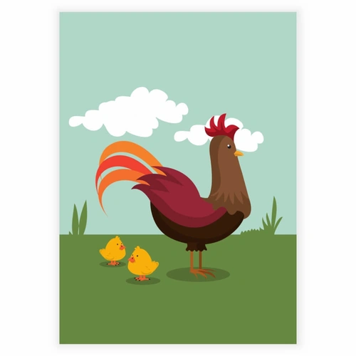 Stor hane og 2 små kyllinger på bondegård - Børneplakat