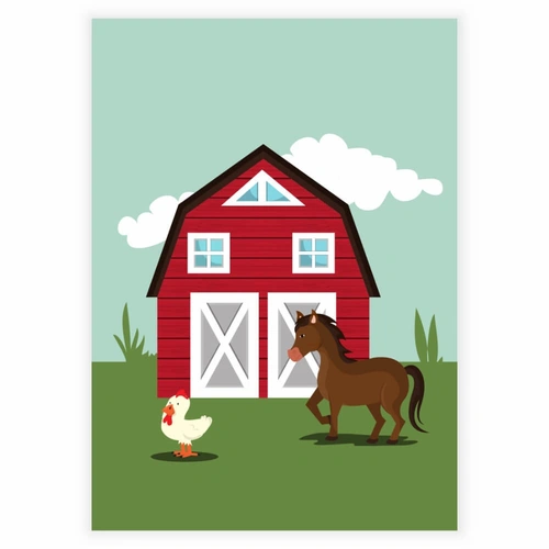 en hest og en høne på bondegård - Børneplakat