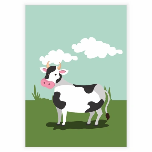 en sort og hvid ko på bondegård - Børneplakat