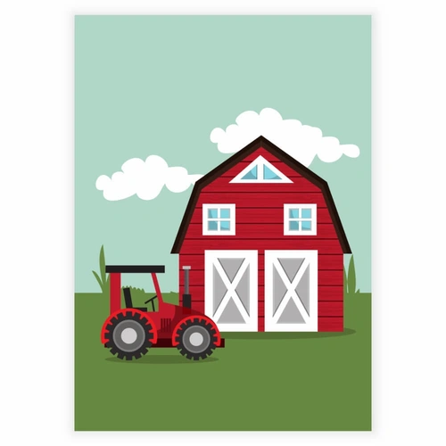 En rød traktor på en bondegård- Børneplakat
