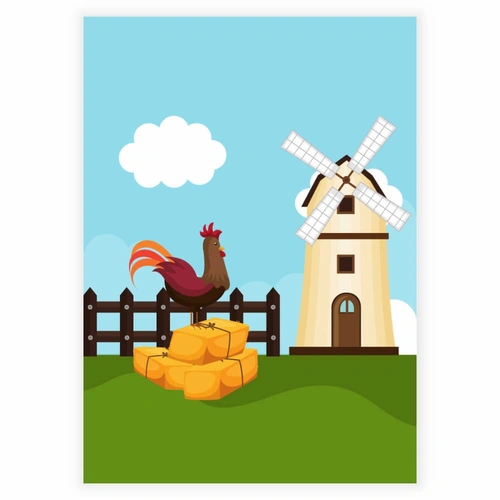 en mølle og en hane på stakit på landet som Børneplakat